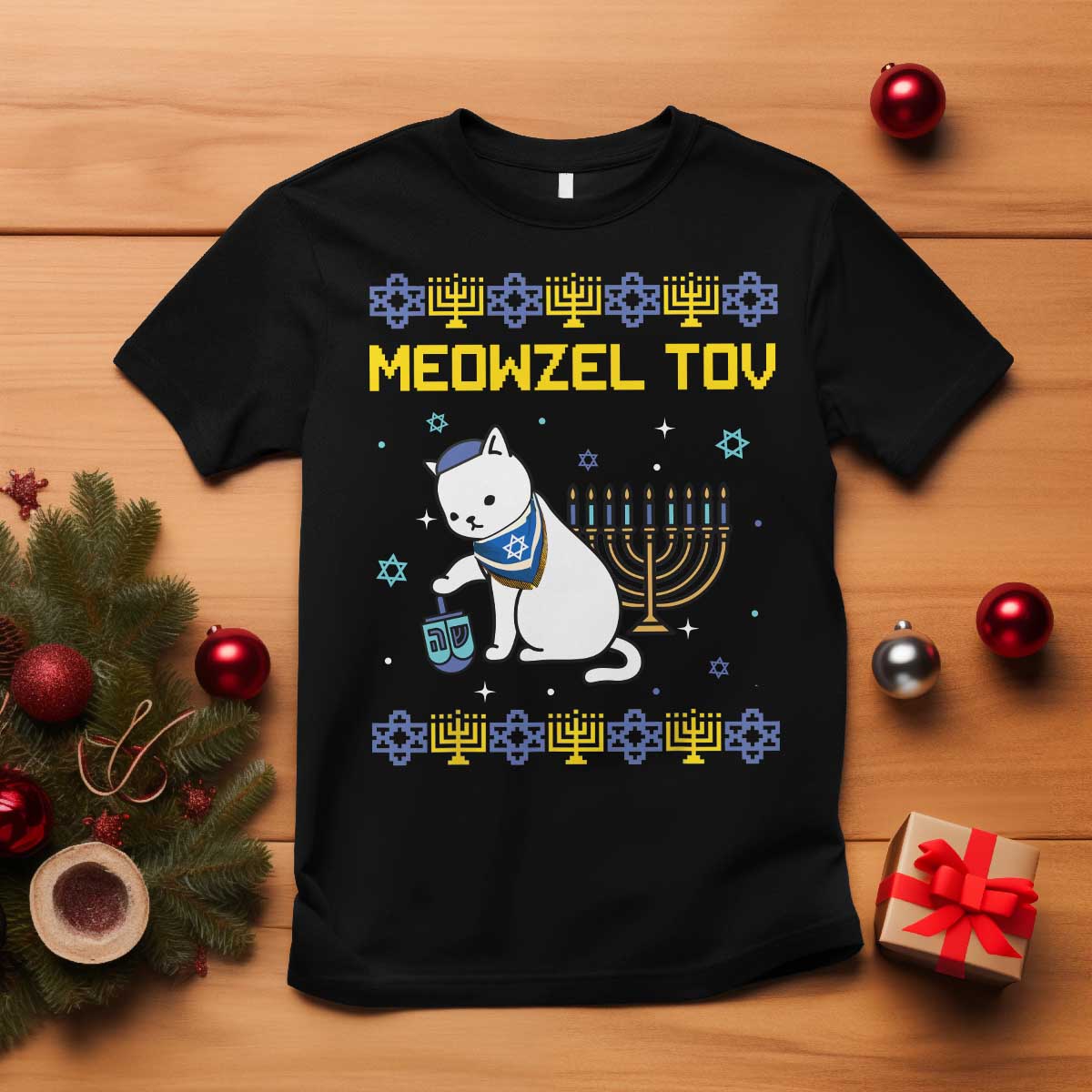 Happy Hanukkah T Shirt Menorah Meowzel Tov Ugly Hanukkah - Wonder Print Shop