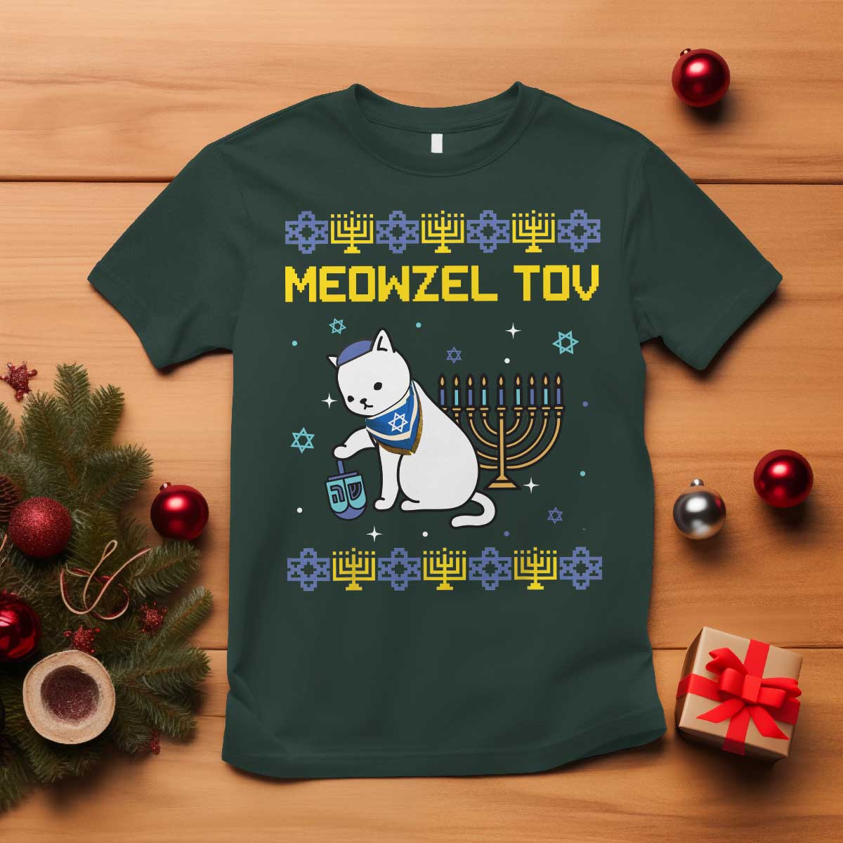 Happy Hanukkah T Shirt Menorah Meowzel Tov Ugly Hanukkah - Wonder Print Shop