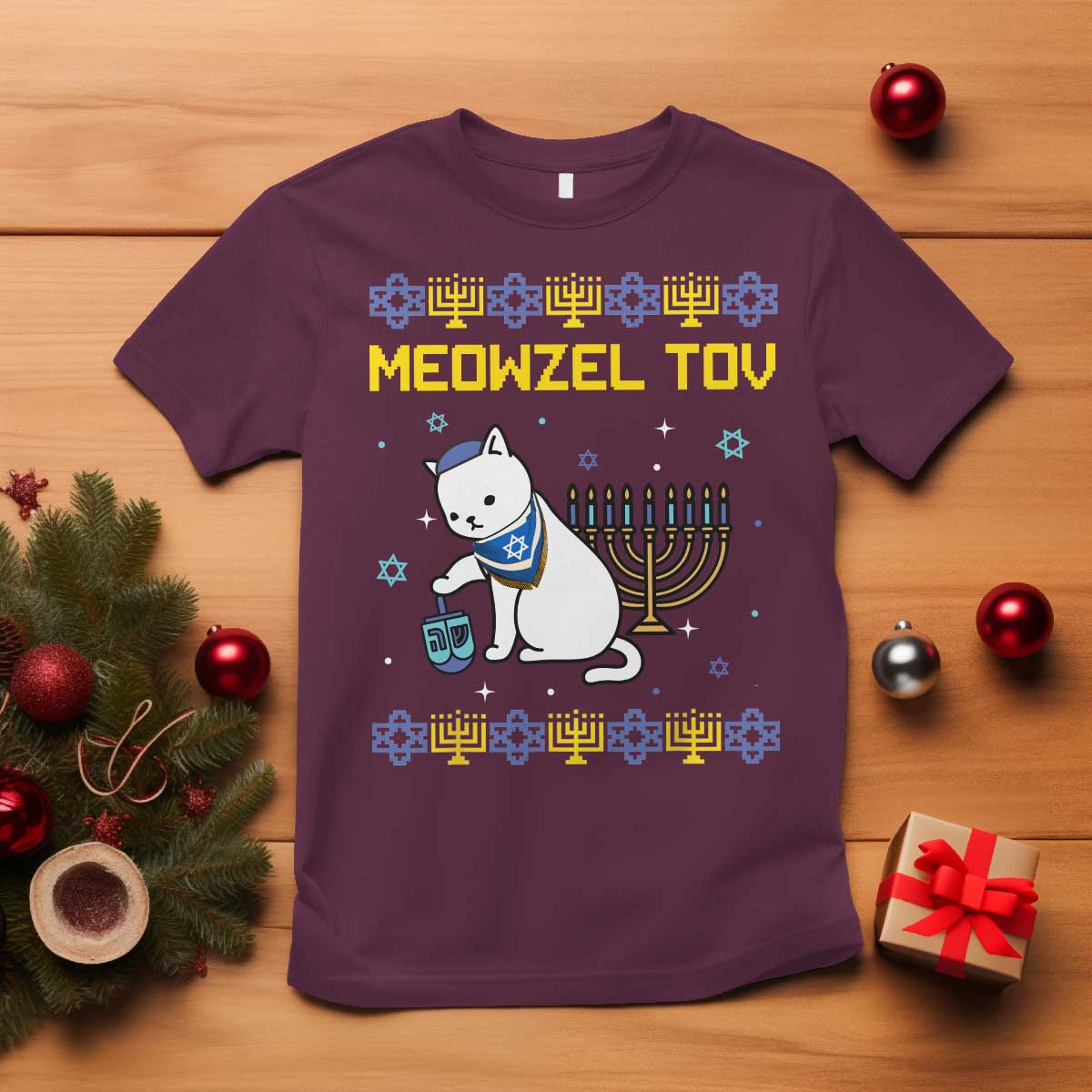 Happy Hanukkah T Shirt Menorah Meowzel Tov Ugly Hanukkah - Wonder Print Shop