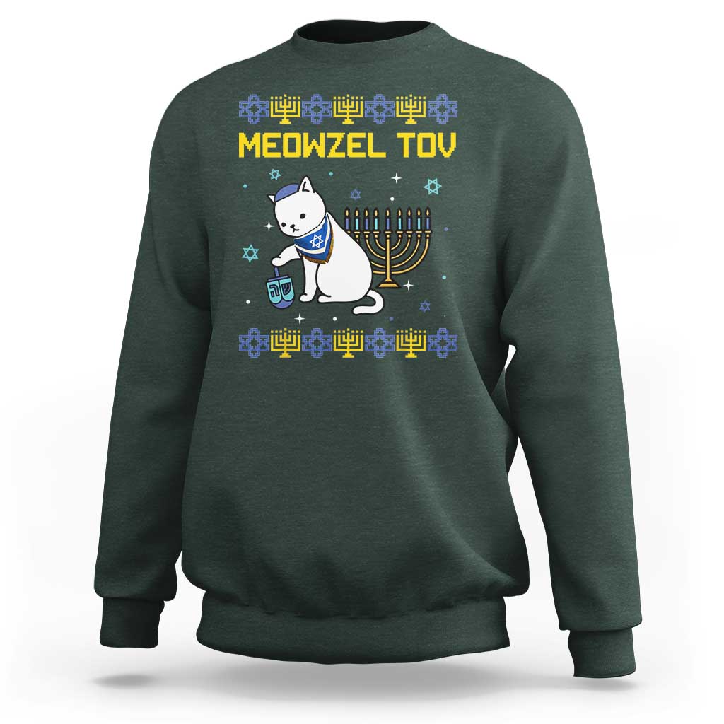 Happy Hanukkah Sweatshirt Menorah Meowzel Tov Ugly Hanukkah - Wonder Print Shop