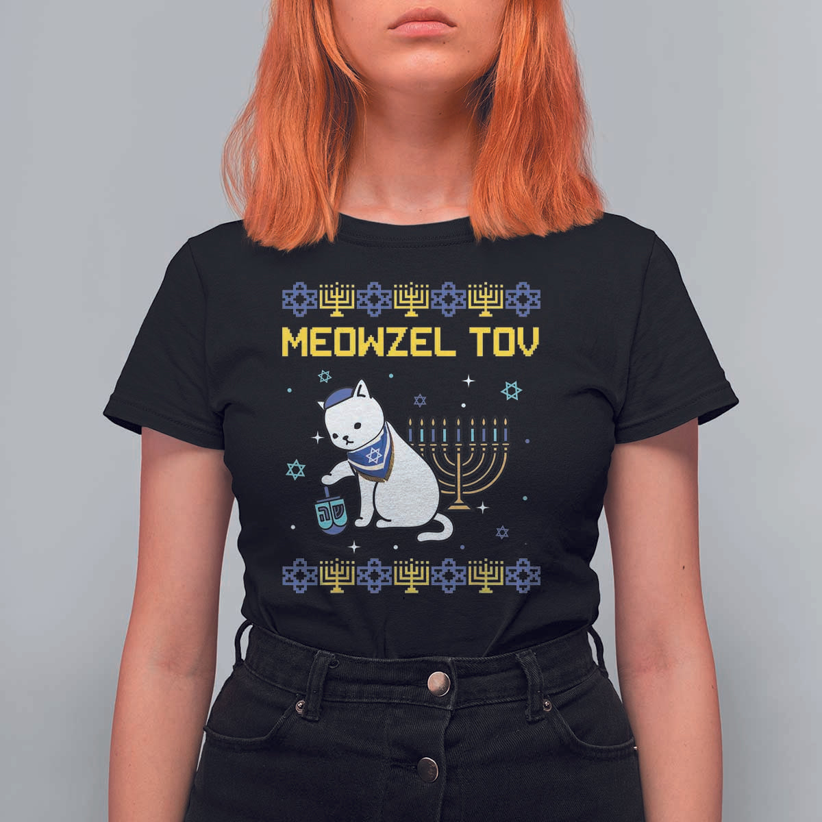 Happy Hanukkah T Shirt For Women Menorah Meowzel Tov Ugly Hanukkah - Wonder Print Shop