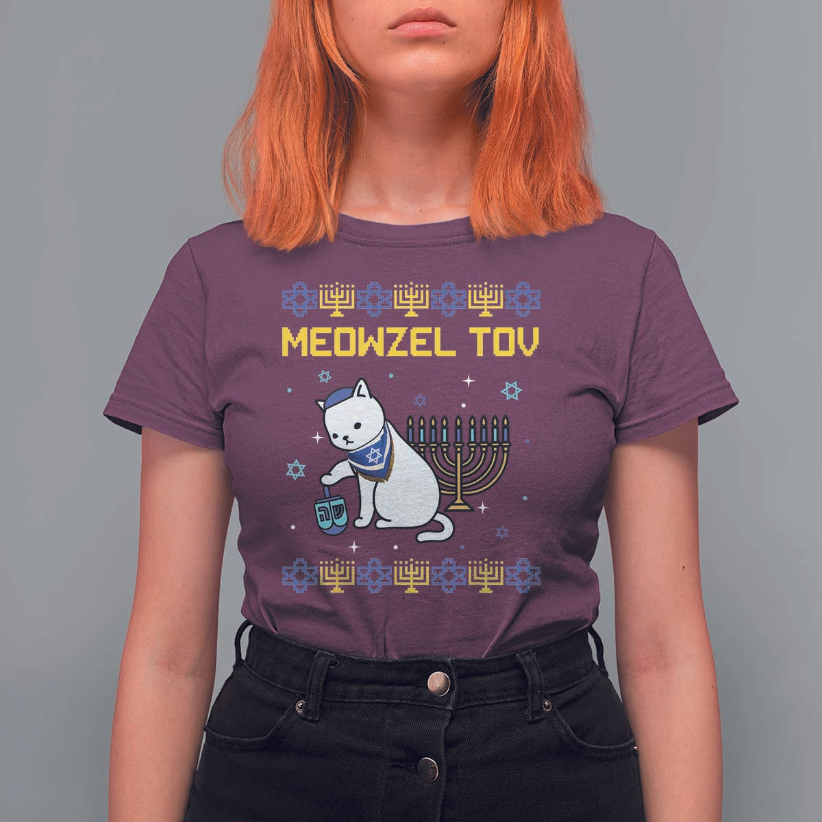 Happy Hanukkah T Shirt For Women Menorah Meowzel Tov Ugly Hanukkah - Wonder Print Shop