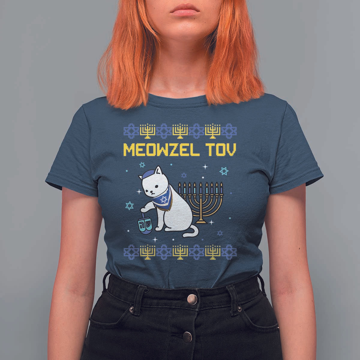 Happy Hanukkah T Shirt For Women Menorah Meowzel Tov Ugly Hanukkah - Wonder Print Shop
