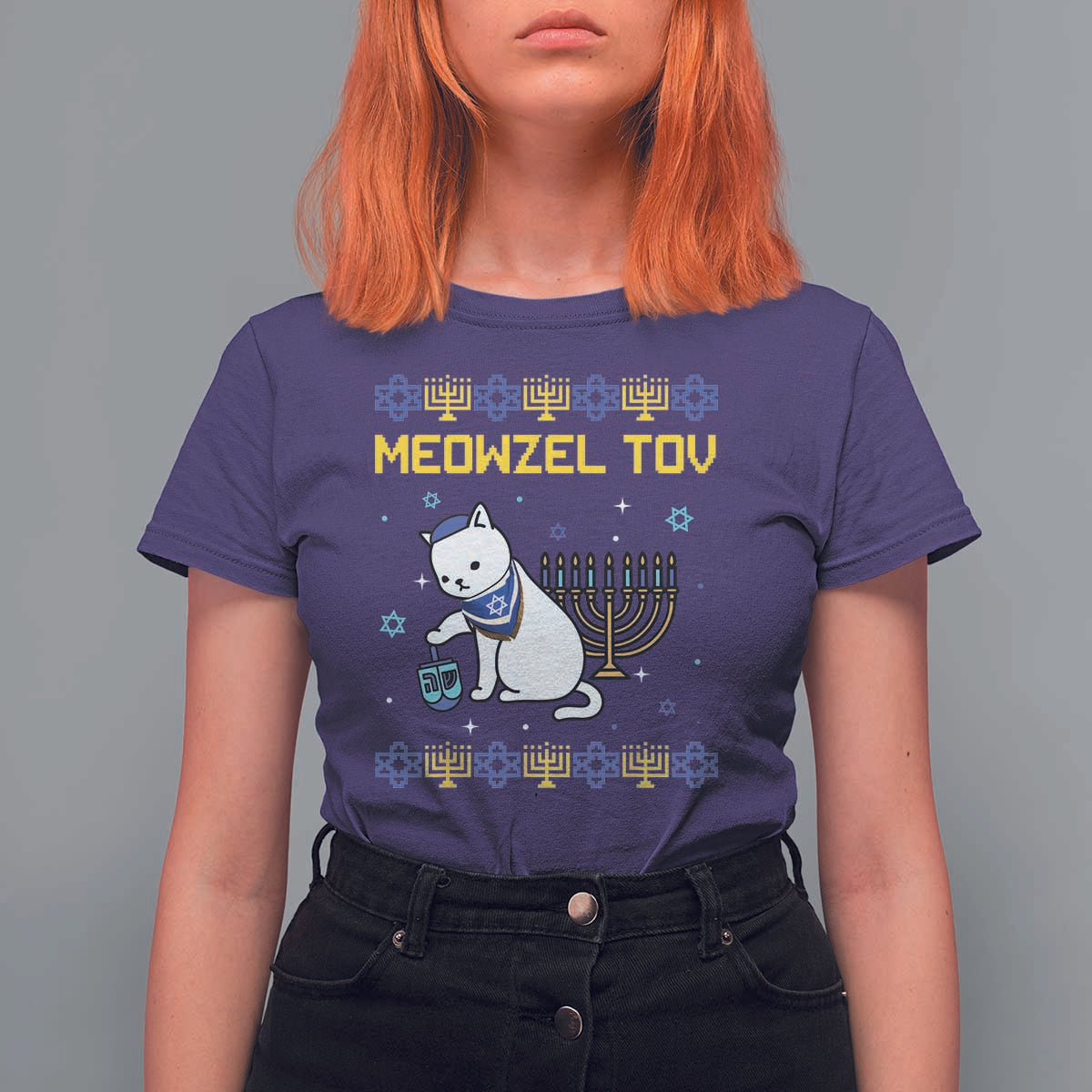 Happy Hanukkah T Shirt For Women Menorah Meowzel Tov Ugly Hanukkah - Wonder Print Shop