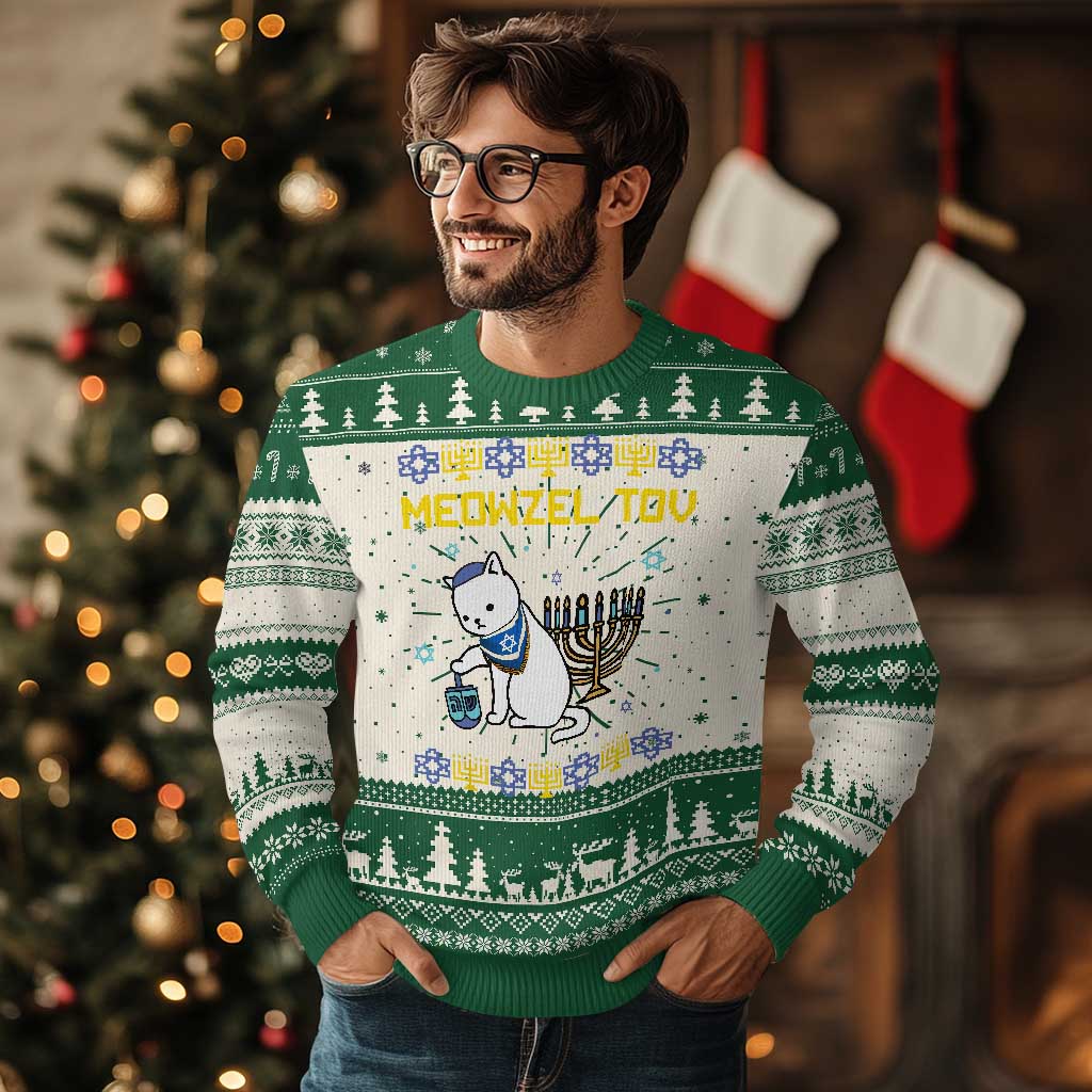 Happy Hanukkah Ugly Christmas Sweater Menorah Meowzel Tov Ugly Hanukkah - Wonder Print Shop