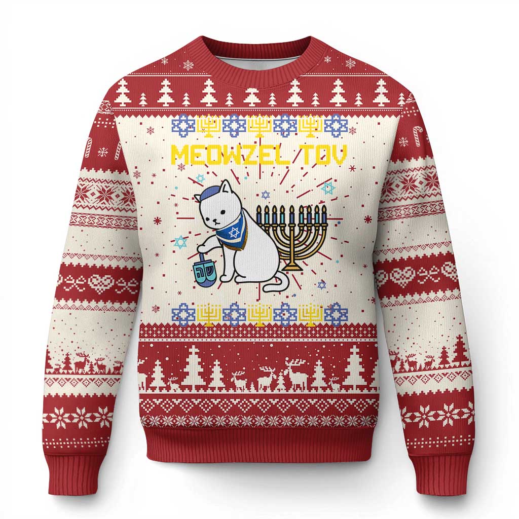 Happy Hanukkah Ugly Christmas Sweater Menorah Meowzel Tov Ugly Hanukkah - Wonder Print Shop
