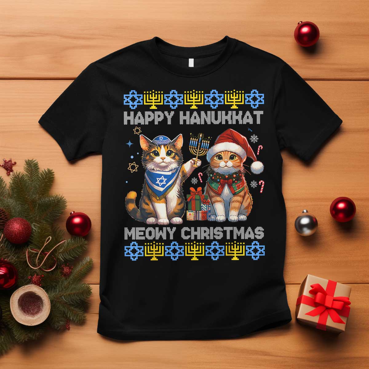 Cat Merry Christmas Happy Hanukkah T Shirt Jewish Christian Ugly Hanukkah - Wonder Print Shop