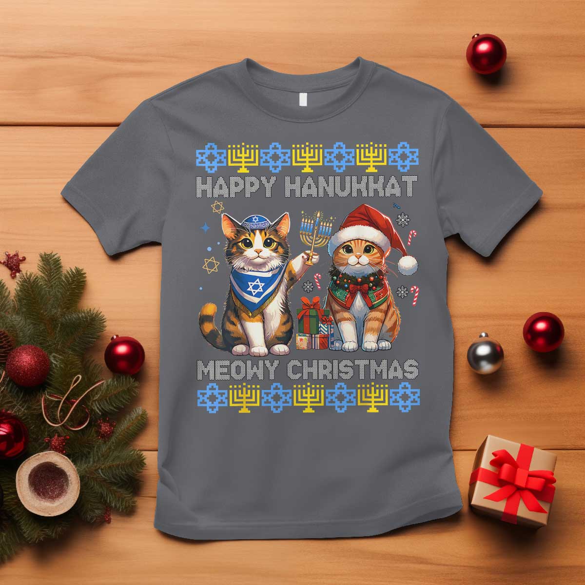 Cat Merry Christmas Happy Hanukkah T Shirt Jewish Christian Ugly Hanukkah - Wonder Print Shop