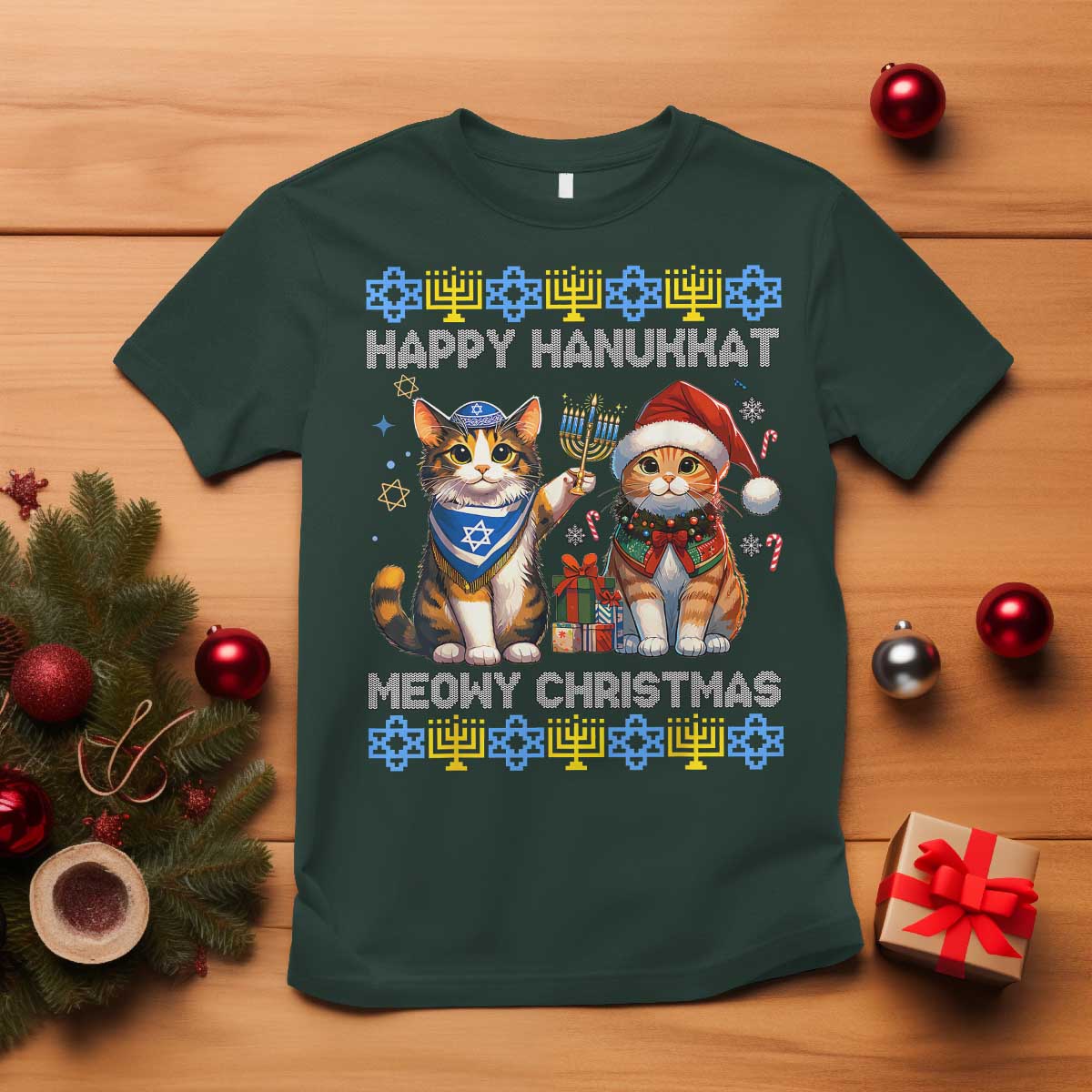 Cat Merry Christmas Happy Hanukkah T Shirt Jewish Christian Ugly Hanukkah - Wonder Print Shop