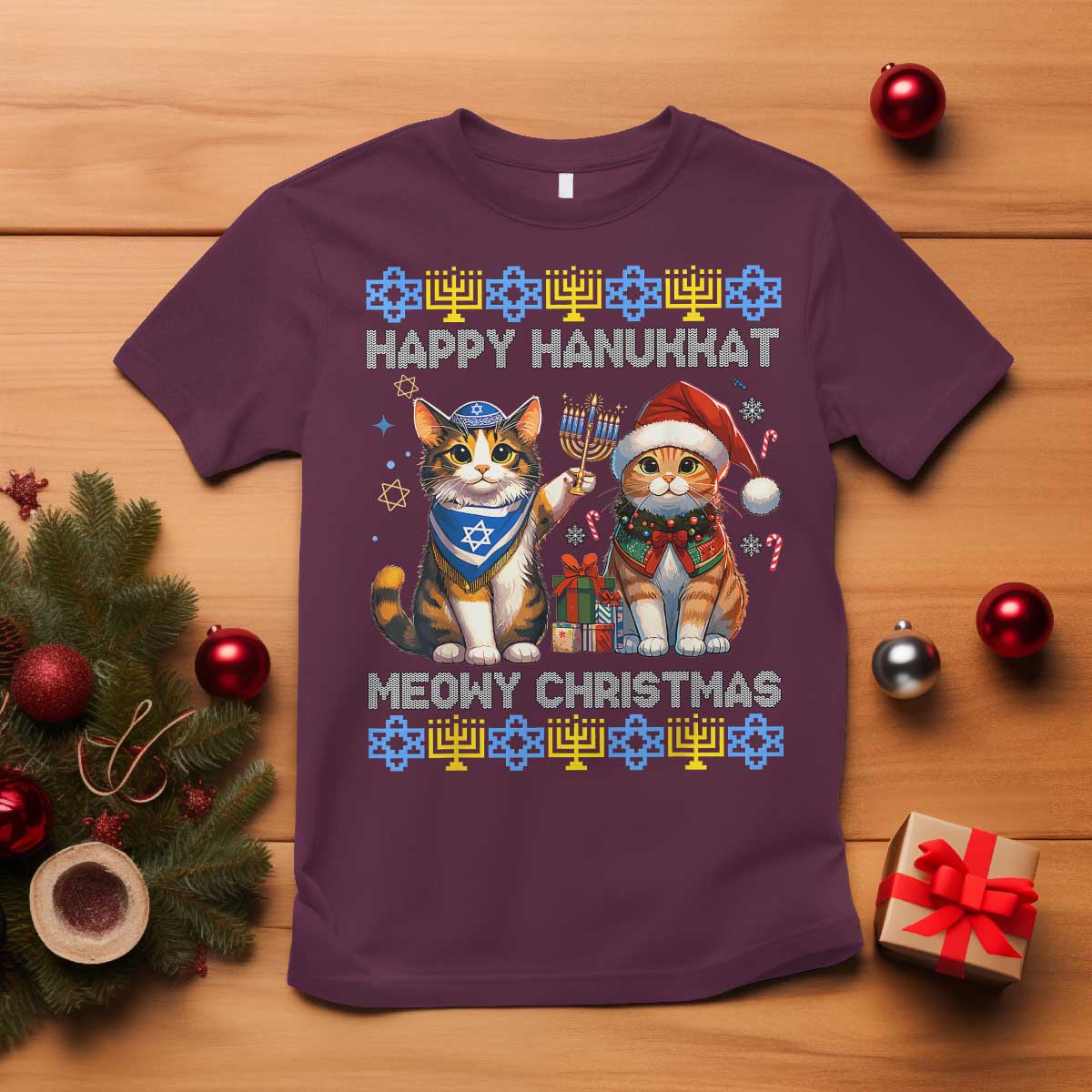Cat Merry Christmas Happy Hanukkah T Shirt Jewish Christian Ugly Hanukkah - Wonder Print Shop