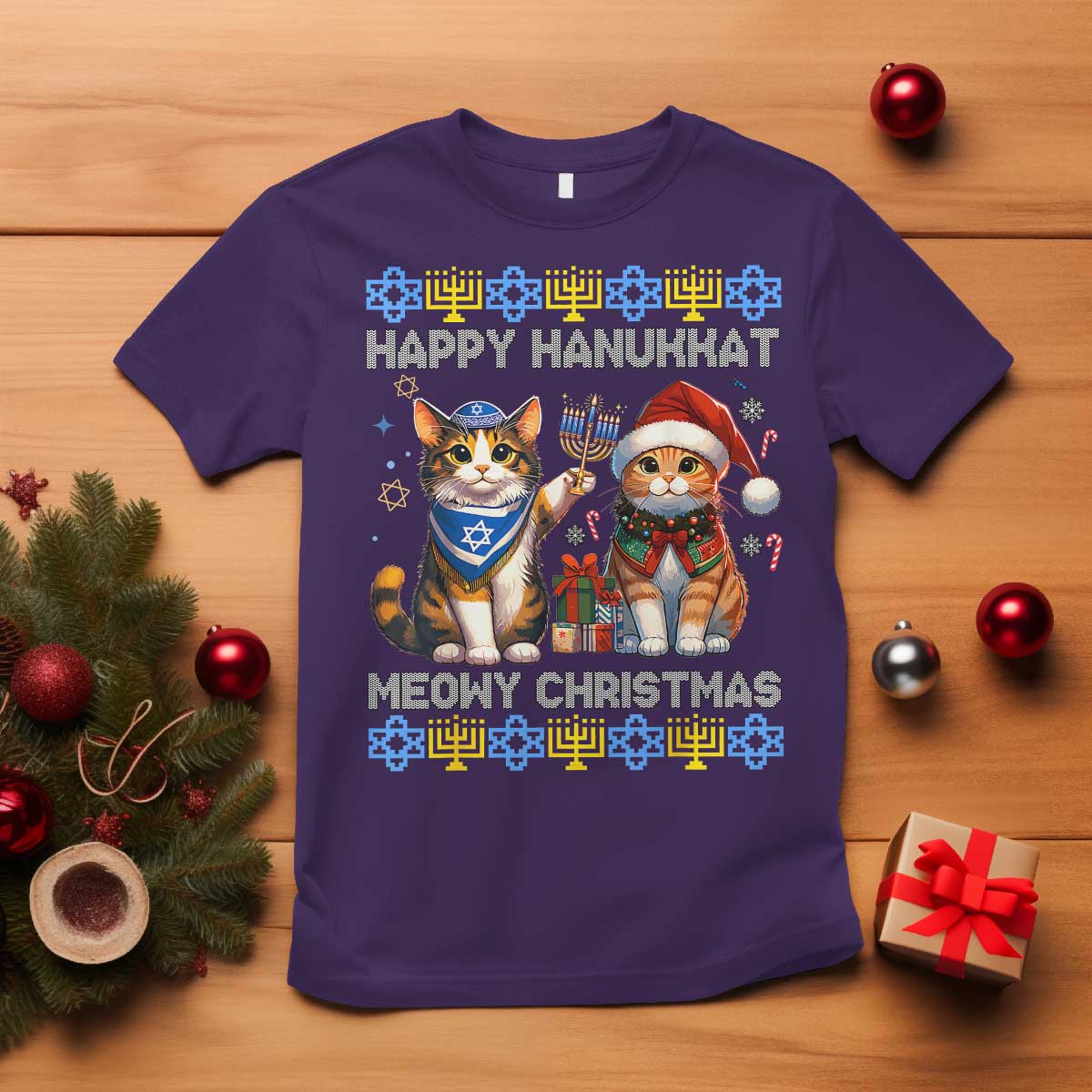 Cat Merry Christmas Happy Hanukkah T Shirt Jewish Christian Ugly Hanukkah - Wonder Print Shop