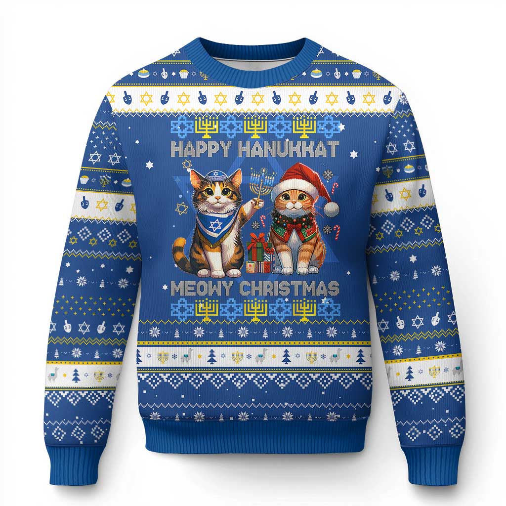 Cat Merry Christmas Happy Hanukkah Hanukkah Ugly Sweater Jewish Christian - Wonder Print Shop