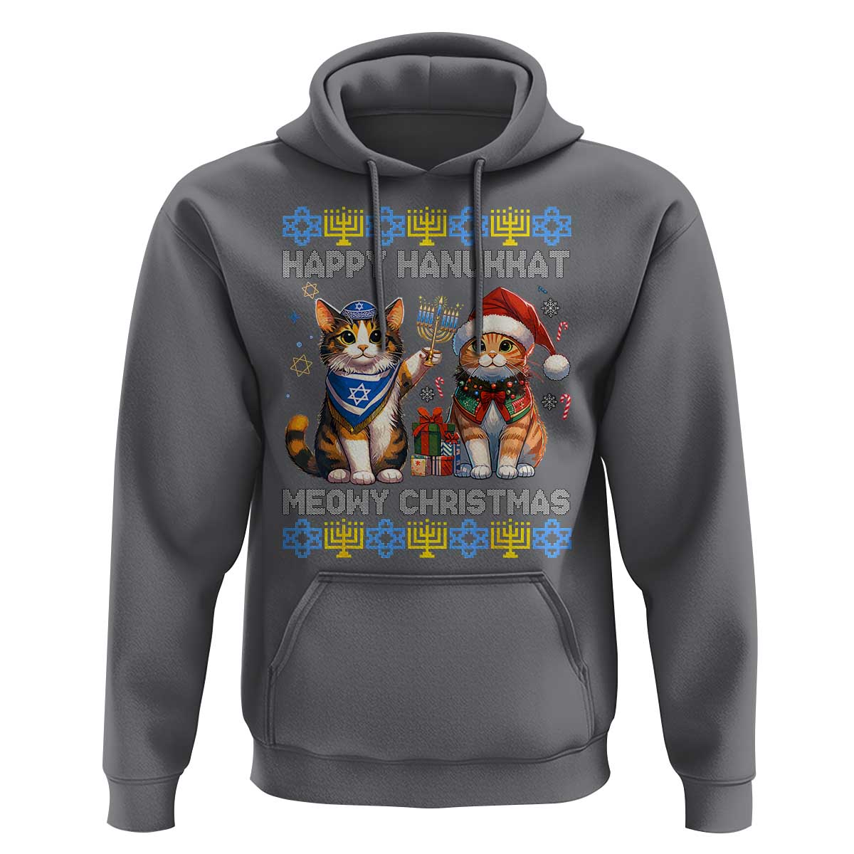 Cat Merry Christmas Happy Hanukkah Hoodie Jewish Christian Ugly Hanukkah
