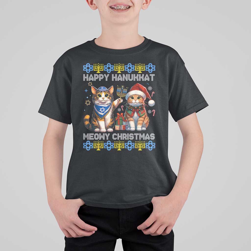 Cat Merry Christmas Happy Hanukkah T Shirt For Kid Jewish Christian Ugly Hanukkah - Wonder Print Shop