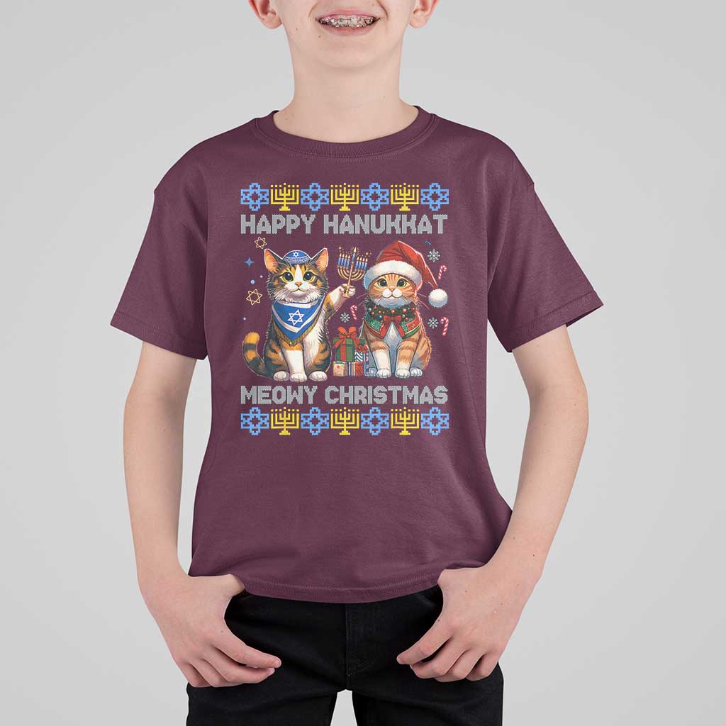 Cat Merry Christmas Happy Hanukkah T Shirt For Kid Jewish Christian Ugly Hanukkah - Wonder Print Shop