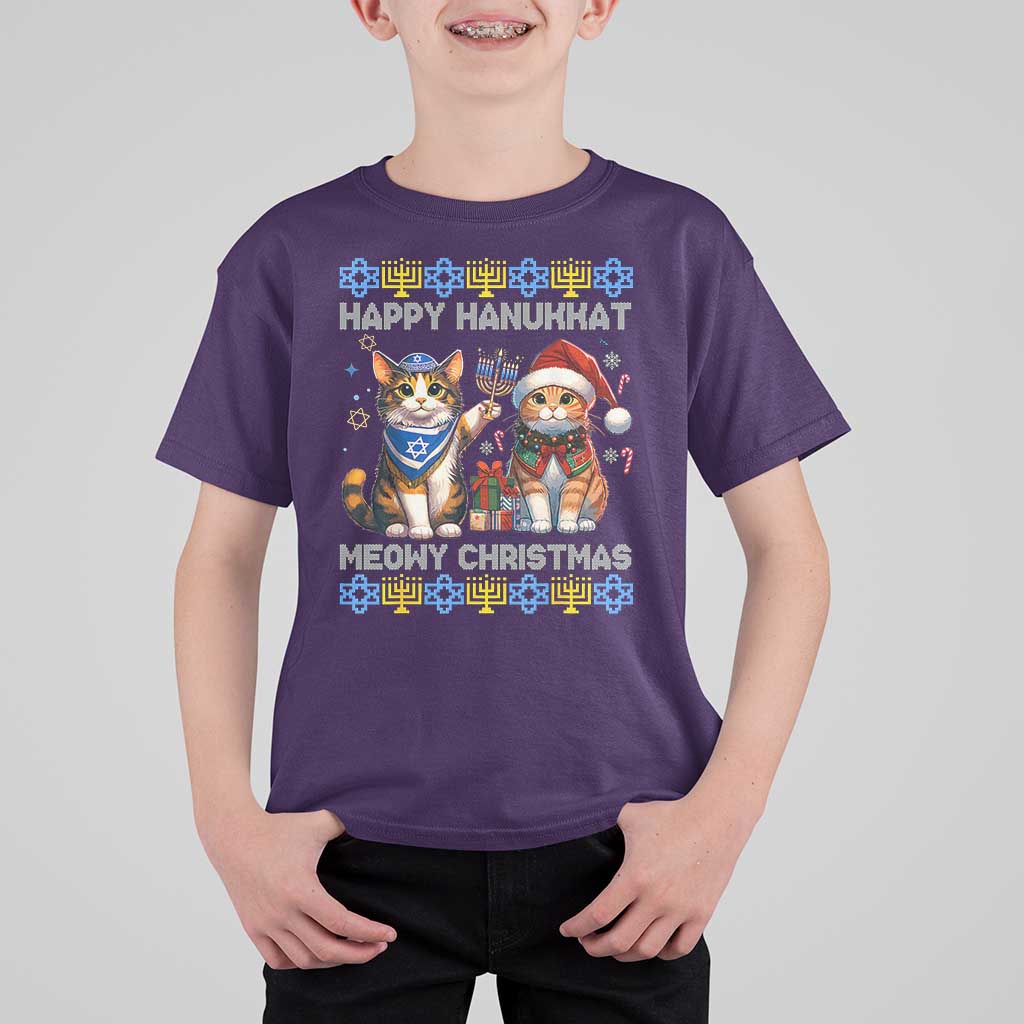 Cat Merry Christmas Happy Hanukkah T Shirt For Kid Jewish Christian Ugly Hanukkah - Wonder Print Shop