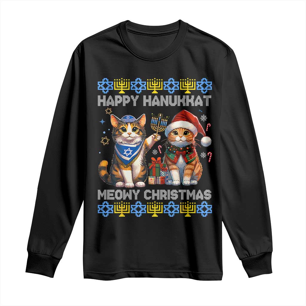 Cat Merry Christmas Happy Hanukkah Long Sleeve Shirt Jewish Christian Ugly Hanukkah