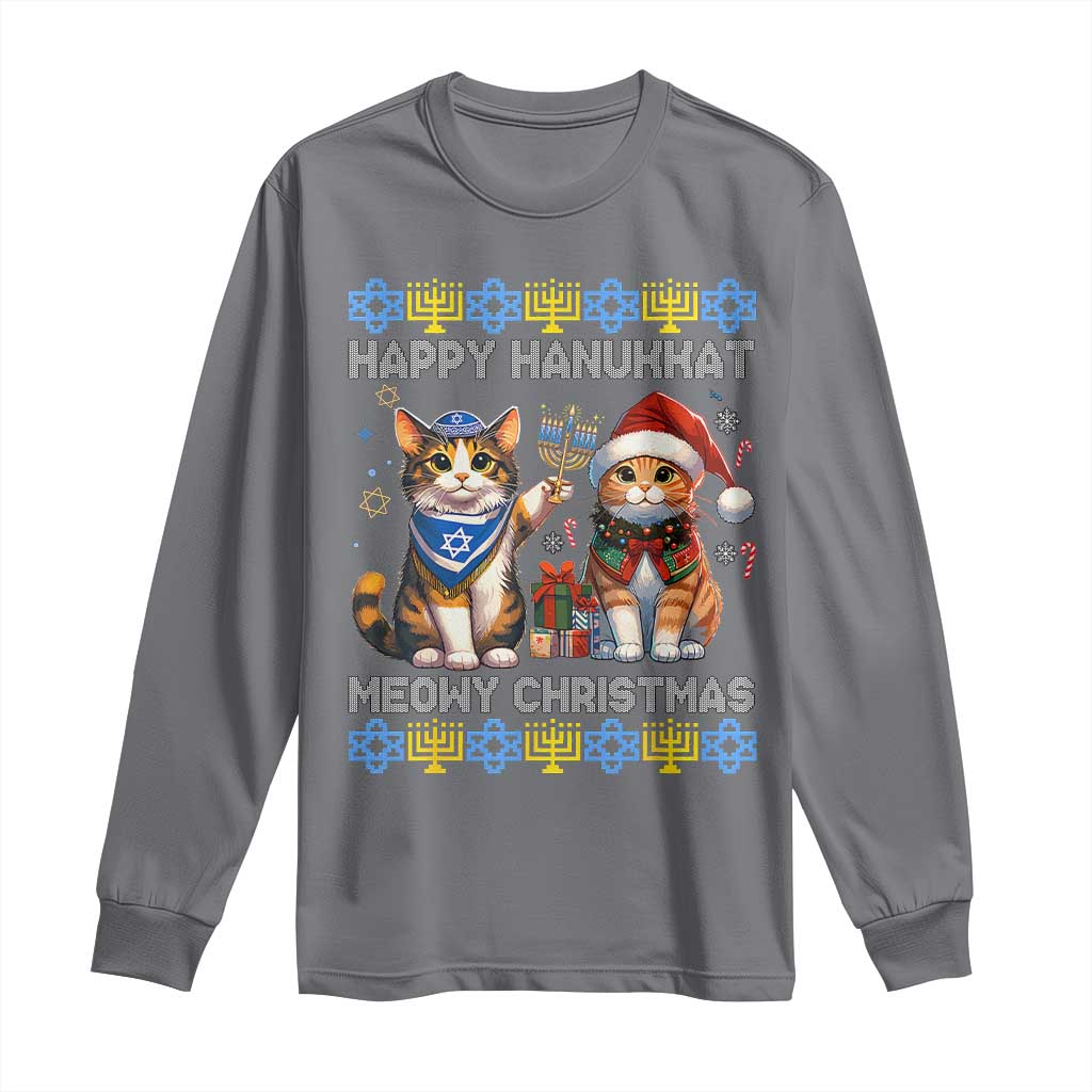 Cat Merry Christmas Happy Hanukkah Long Sleeve Shirt Jewish Christian Ugly Hanukkah
