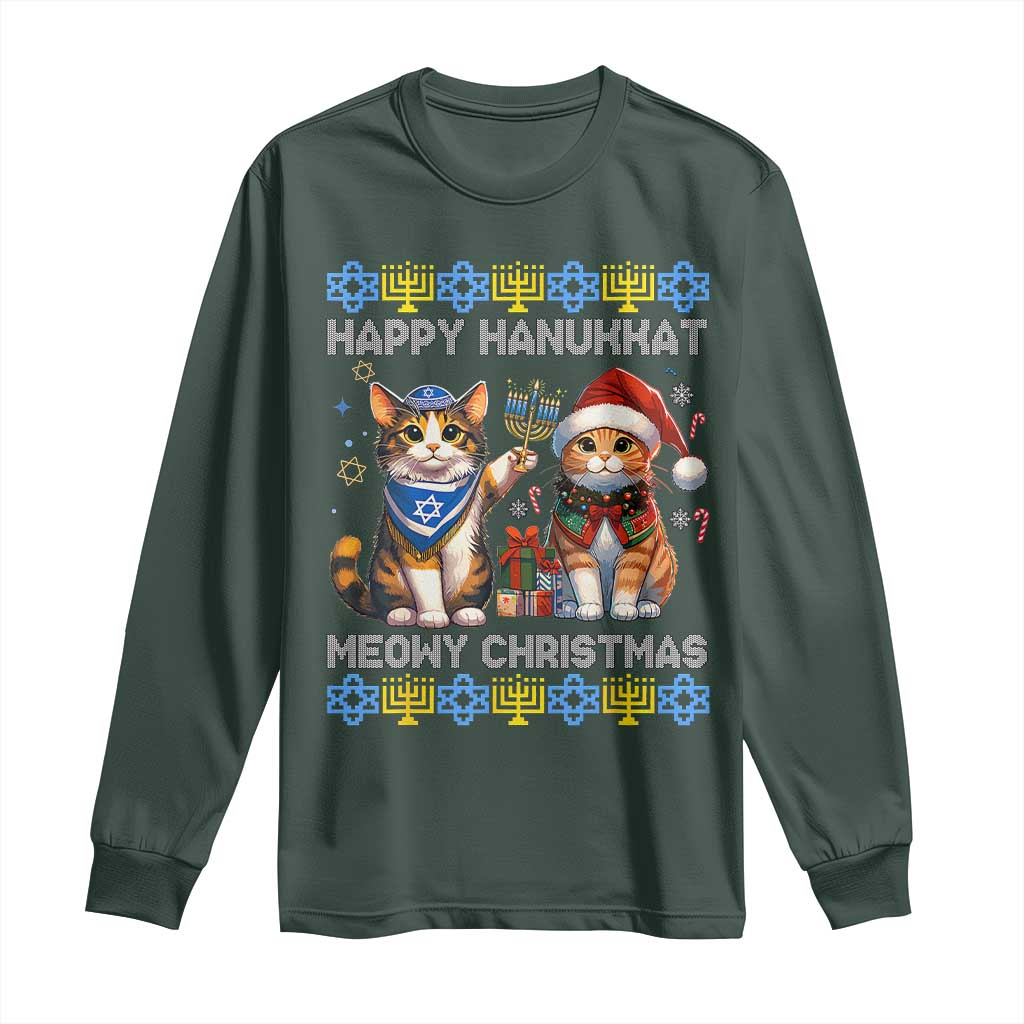 Cat Merry Christmas Happy Hanukkah Long Sleeve Shirt Jewish Christian Ugly Hanukkah