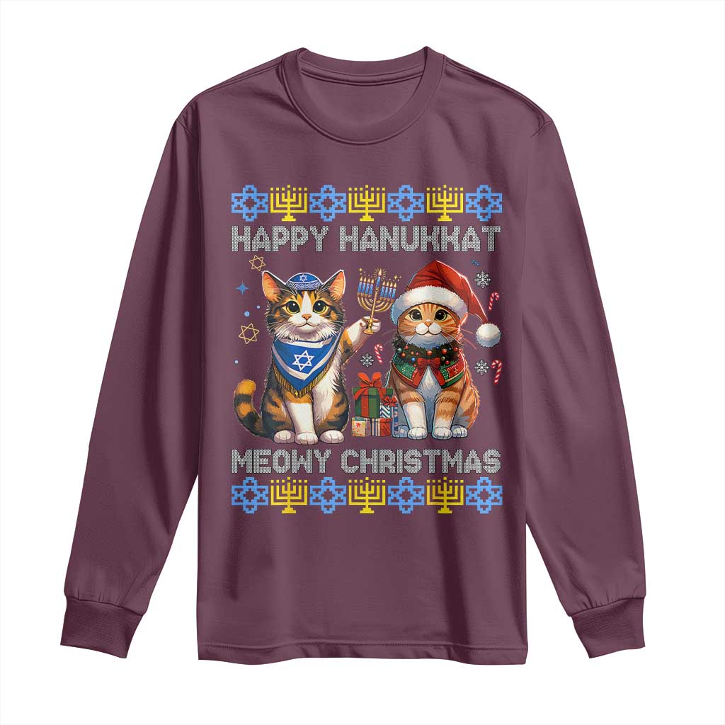 Cat Merry Christmas Happy Hanukkah Long Sleeve Shirt Jewish Christian Ugly Hanukkah
