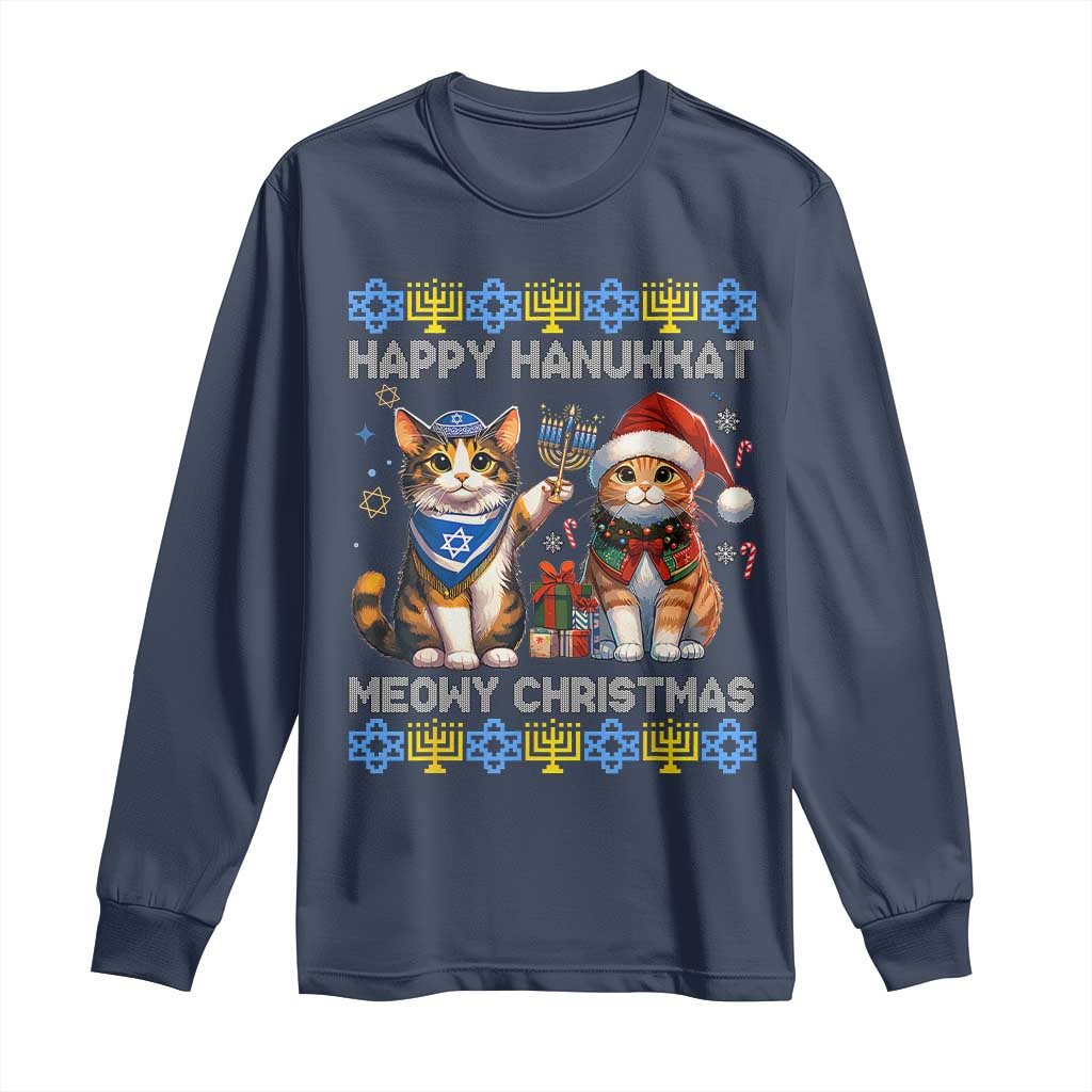 Cat Merry Christmas Happy Hanukkah Long Sleeve Shirt Jewish Christian Ugly Hanukkah