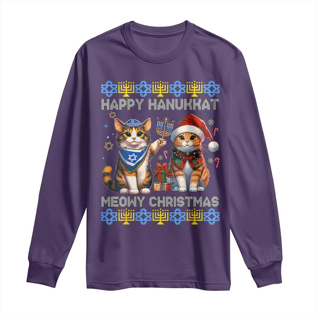 Cat Merry Christmas Happy Hanukkah Long Sleeve Shirt Jewish Christian Ugly Hanukkah