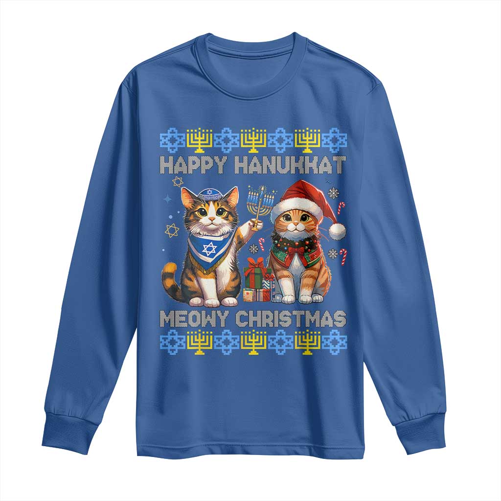 Cat Merry Christmas Happy Hanukkah Long Sleeve Shirt Jewish Christian Ugly Hanukkah