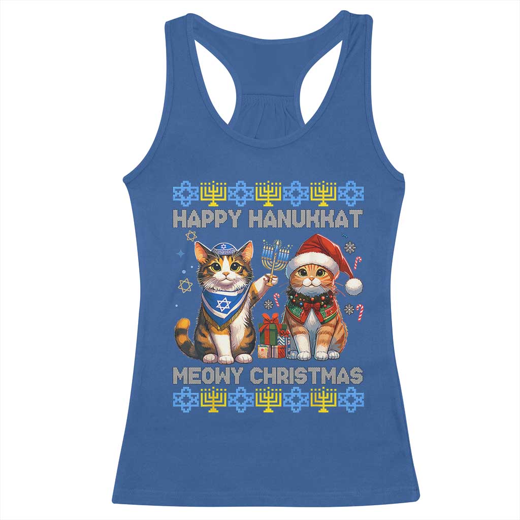 Cat Merry Christmas Happy Hanukkah Racerback Tank Top Jewish Christian Ugly Hanukkah