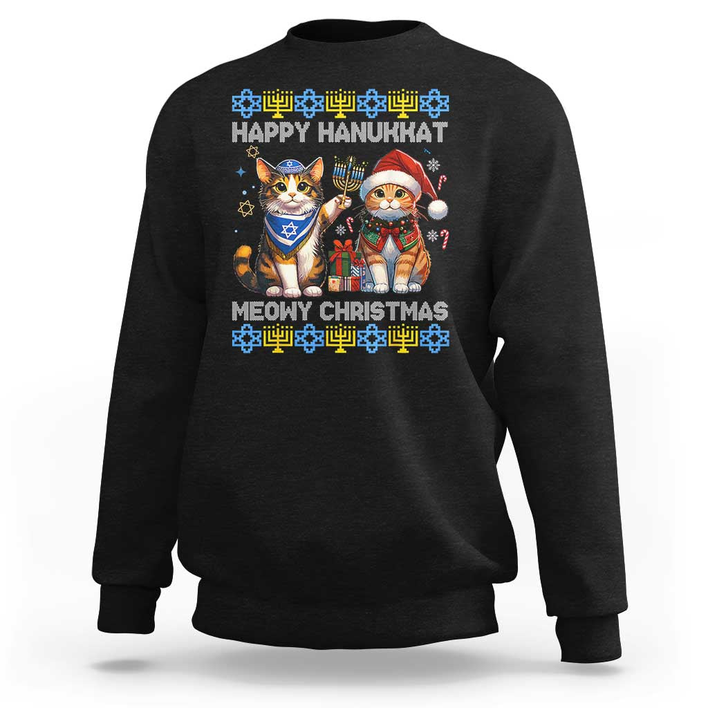 Cat Merry Christmas Happy Hanukkah Sweatshirt Jewish Christian Ugly Hanukkah - Wonder Print Shop