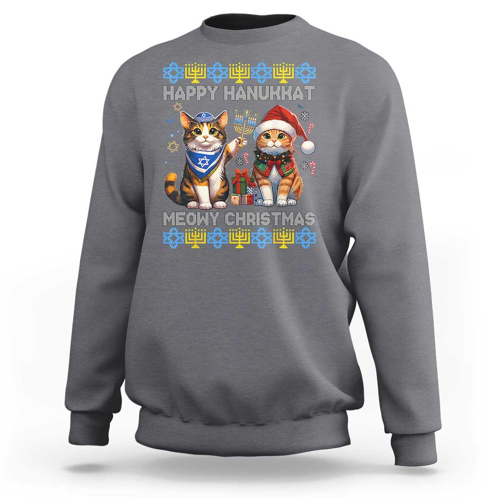 Cat Merry Christmas Happy Hanukkah Sweatshirt Jewish Christian Ugly Hanukkah - Wonder Print Shop