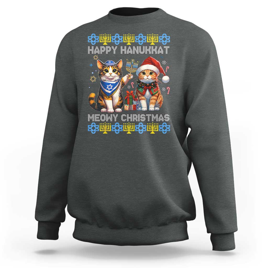 Cat Merry Christmas Happy Hanukkah Sweatshirt Jewish Christian Ugly Hanukkah - Wonder Print Shop