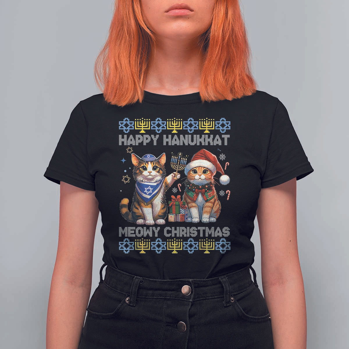 Cat Merry Christmas Happy Hanukkah T Shirt For Women Jewish Christian Ugly Hanukkah - Wonder Print Shop