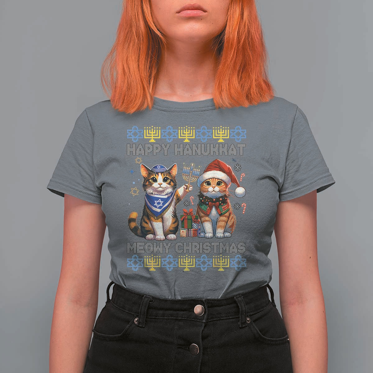 Cat Merry Christmas Happy Hanukkah T Shirt For Women Jewish Christian Ugly Hanukkah - Wonder Print Shop