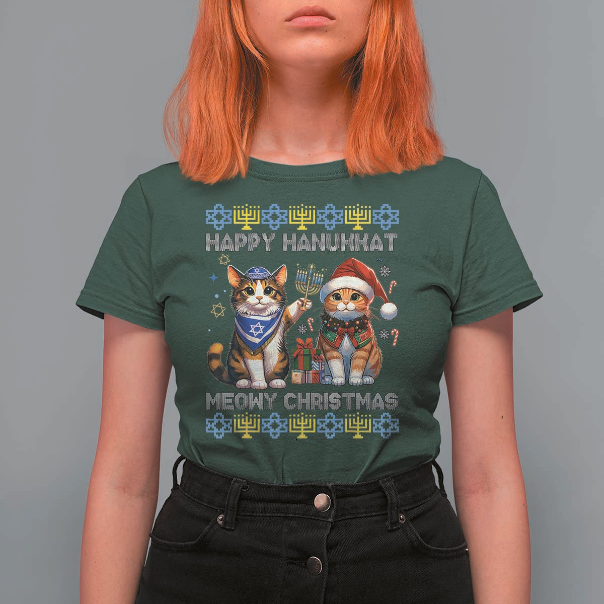 Cat Merry Christmas Happy Hanukkah T Shirt For Women Jewish Christian Ugly Hanukkah - Wonder Print Shop