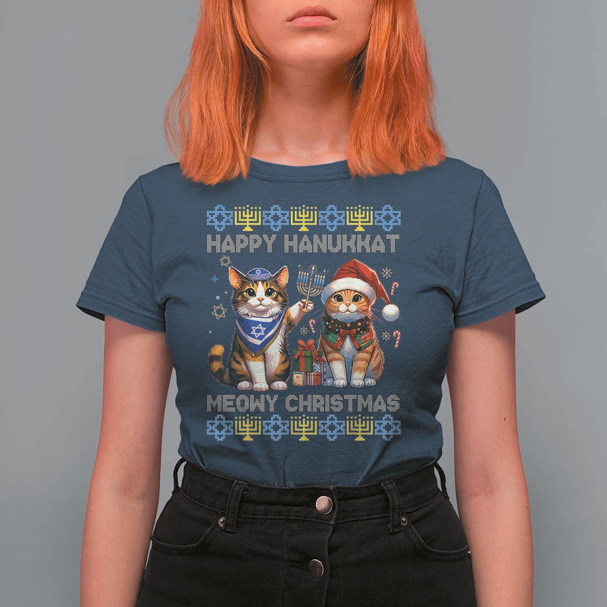 Cat Merry Christmas Happy Hanukkah T Shirt For Women Jewish Christian Ugly Hanukkah - Wonder Print Shop