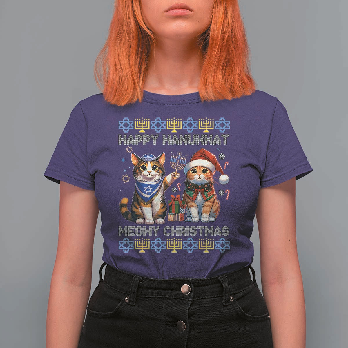 Cat Merry Christmas Happy Hanukkah T Shirt For Women Jewish Christian Ugly Hanukkah - Wonder Print Shop