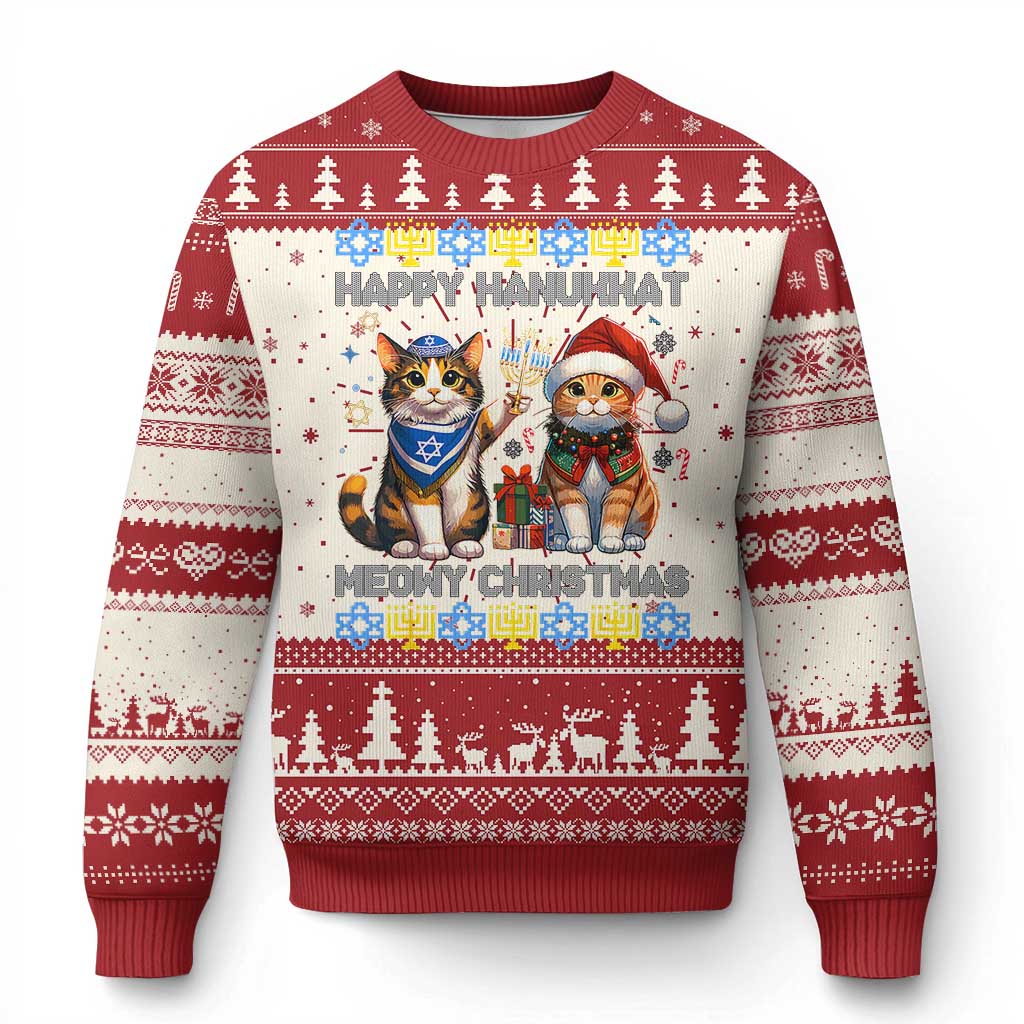 Cat Merry Xmas Happy Hanukkah Ugly Christmas Sweater Jewish Christian Ugly Hanukkah - Wonder Print Shop