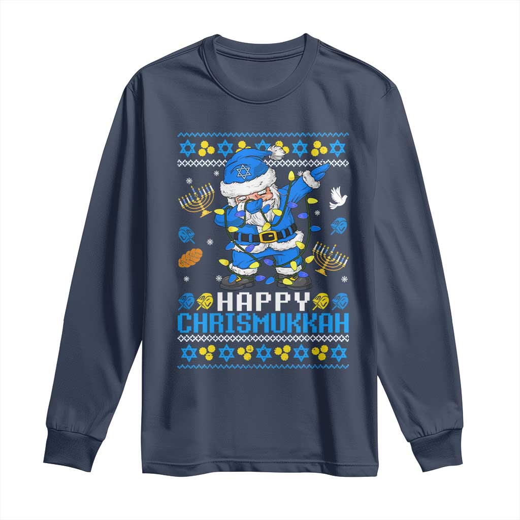 Happy Chrismukkah Merry Christmas Hanukkah Long Sleeve Shirt Dabbing Santa Ugly Chanukah Jewish