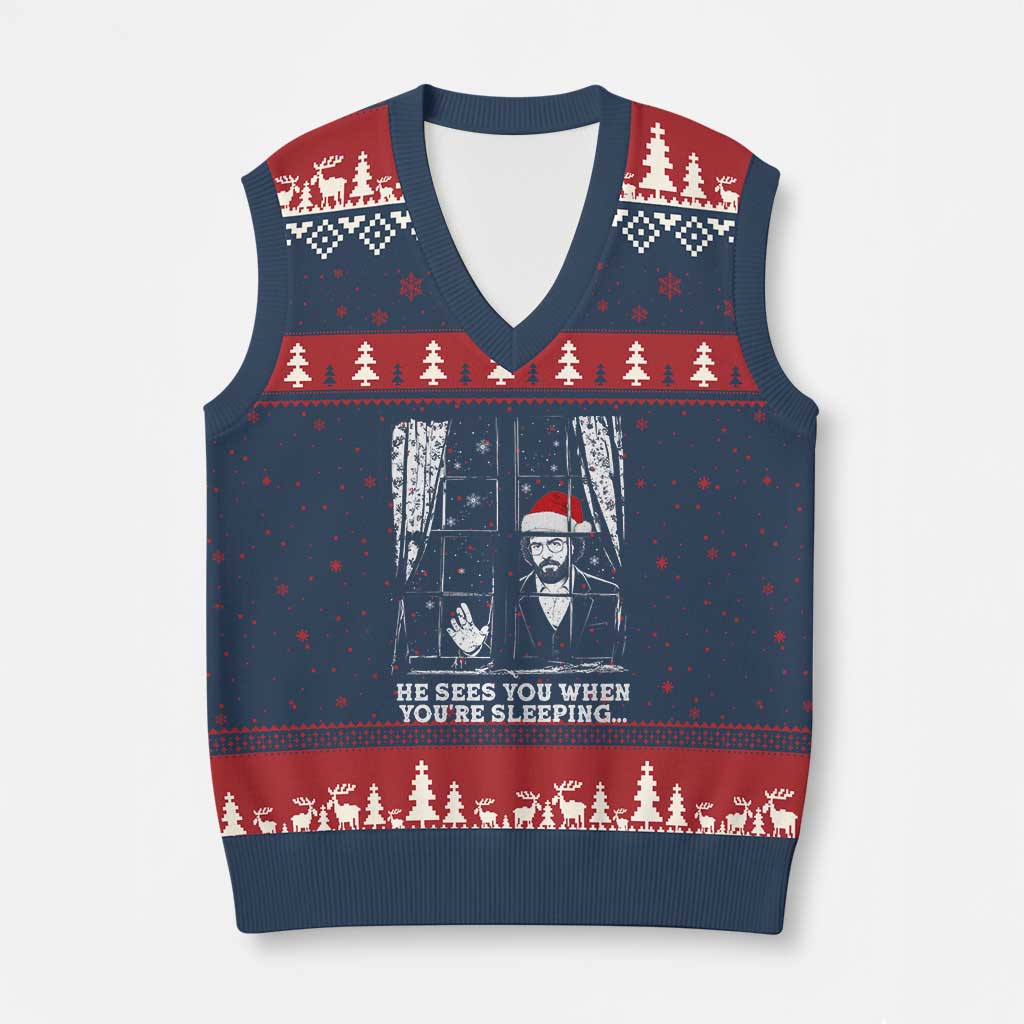 Stranger Xmas V-Neck Knit Sweater Vest Funny Murray He Sees You Vintage - Wonder Print Shop