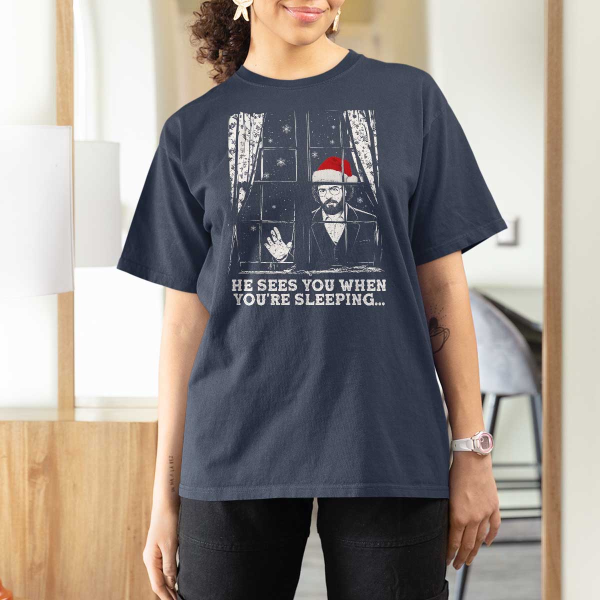 Stranger Christmas T Shirt For Women Funny Murray He Sees You Vintage - Wonder Print Shop