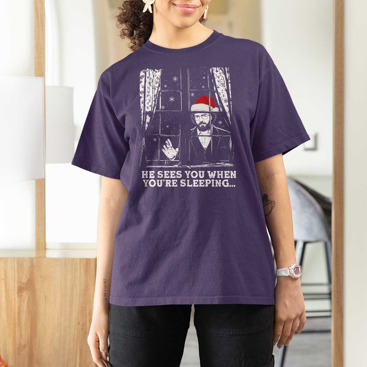 Stranger Christmas T Shirt For Women Funny Murray He Sees You Vintage - Wonder Print Shop