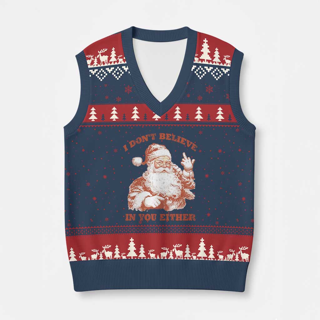 Retro Funny Santa V-Neck Knit Sweater Vest I Don't Believe In You Either 90s Xmas - Wonder Print Shop