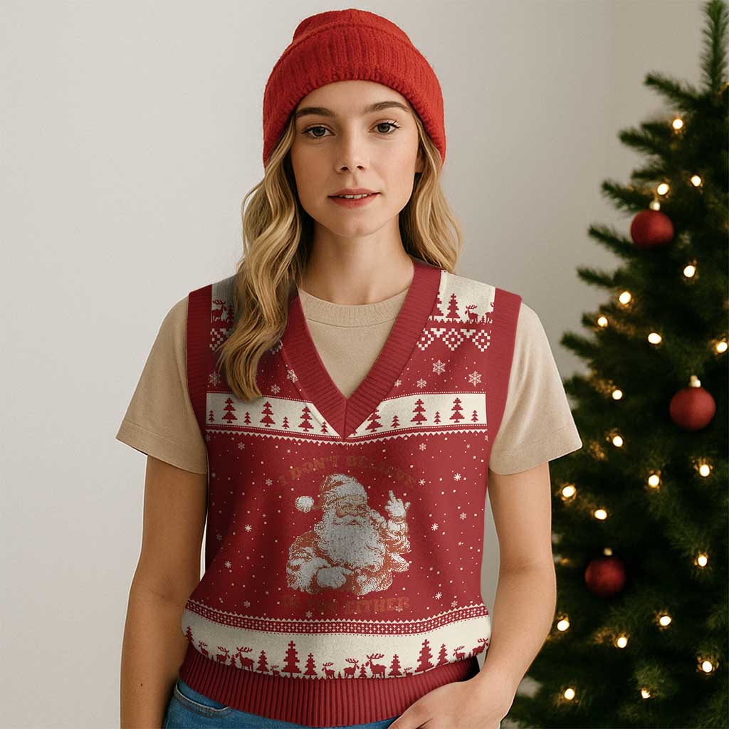 Retro Funny Santa V-Neck Knit Sweater Vest I Don't Believe In You Either 90s Xmas - Wonder Print Shop