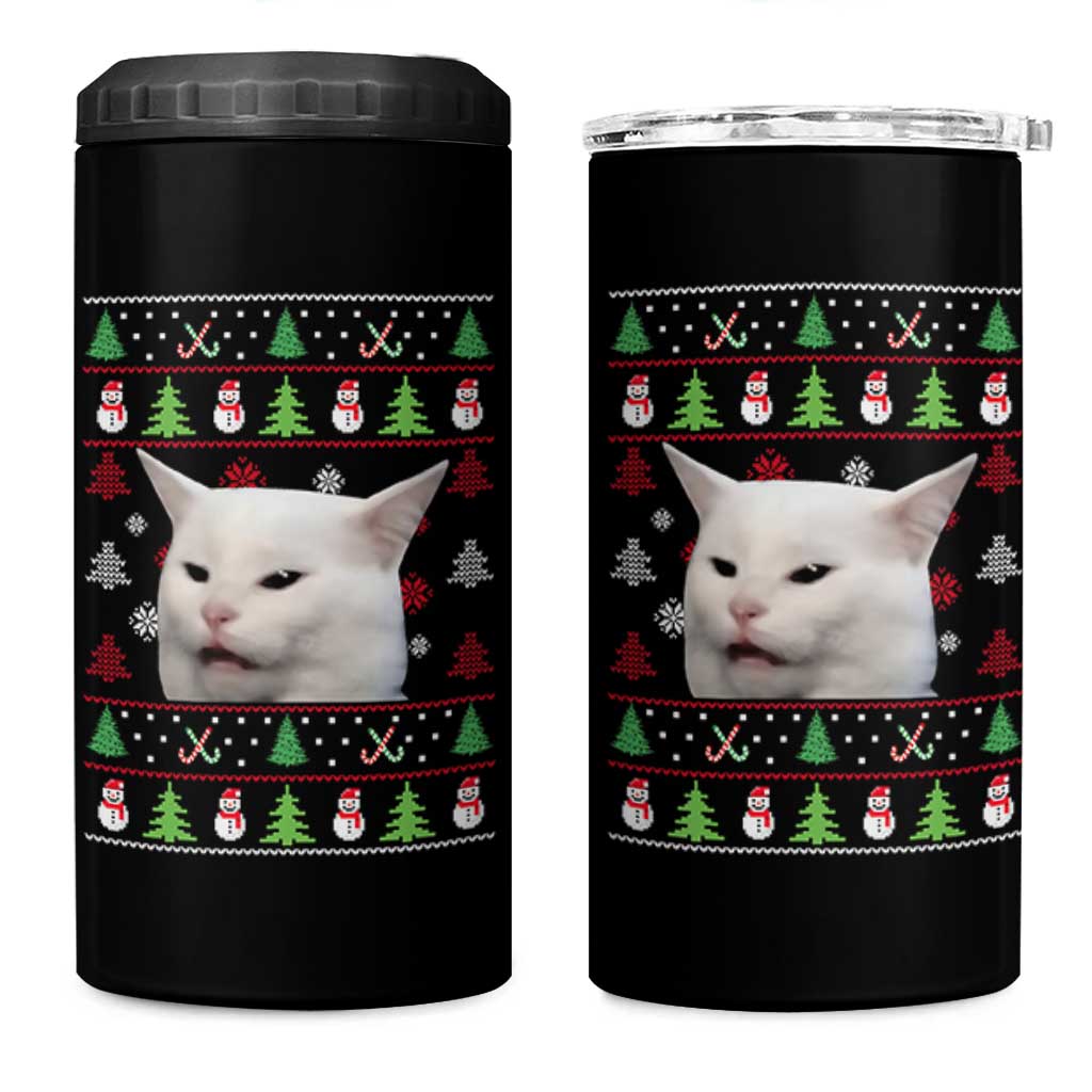 Woman Yelling At A Cat Ugly Christmas 4 in 1 Can Cooler Tumbler Funny Cat Meme Matching Couple Christmas Pajama - Wonder Print Shop