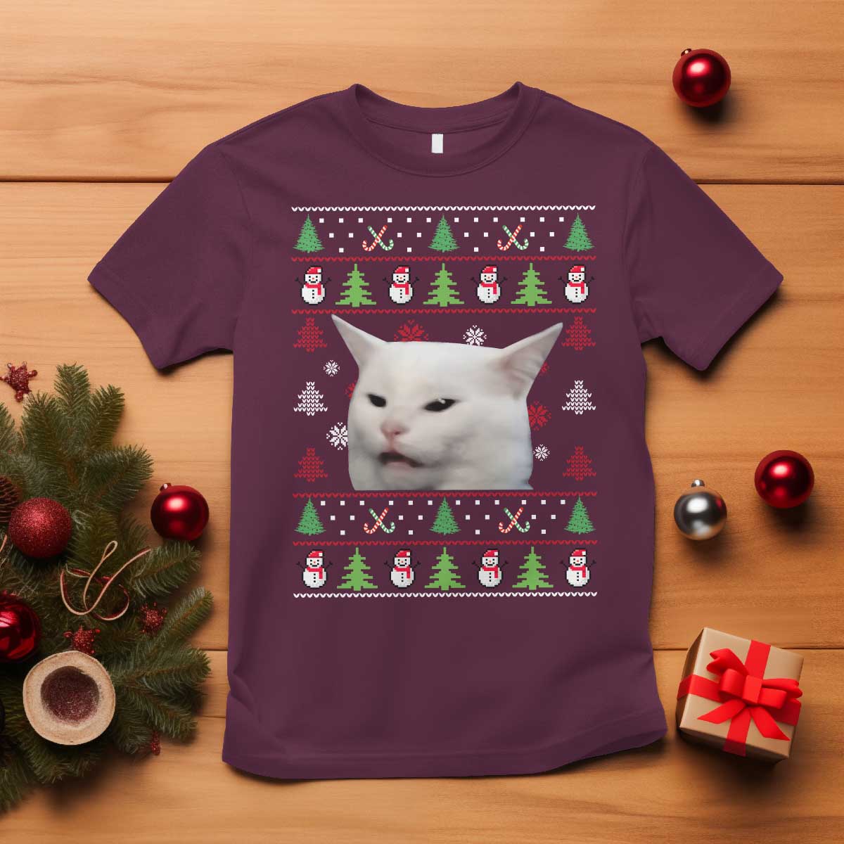 Woman Yelling At A Cat Ugly Christmas T Shirt Funny Cat Meme Matching Couple Christmas Pajama - Wonder Print Shop
