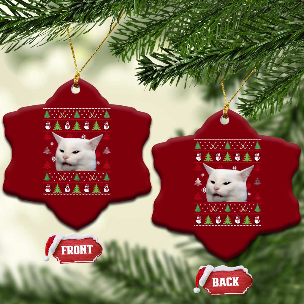 Woman Yelling At A Cat Ugly Christmas Ceramic Ornament Funny Cat Meme Matching Couple Christmas Pajama - Wonder Print Shop