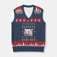 Woman Yelling At A Cat Ugly Xmas V-Neck Knit Sweater Vest Funny Cat Meme Matching Couple Xmas Pajama - Wonder Print Shop