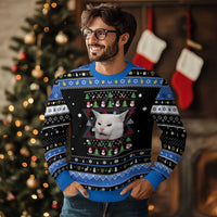 Woman Yelling At A Cat Ugly Christmas Hanukkah Ugly Sweater Funny Cat Meme Matching Couple Christmas Pajama - Wonder Print Shop