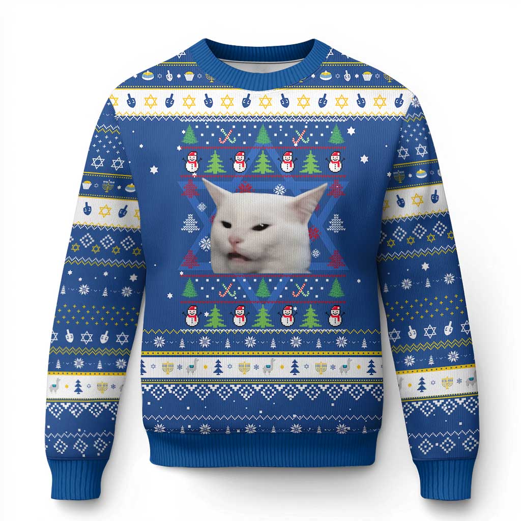 Woman Yelling At A Cat Ugly Christmas Hanukkah Ugly Sweater Funny Cat Meme Matching Couple Christmas Pajama - Wonder Print Shop