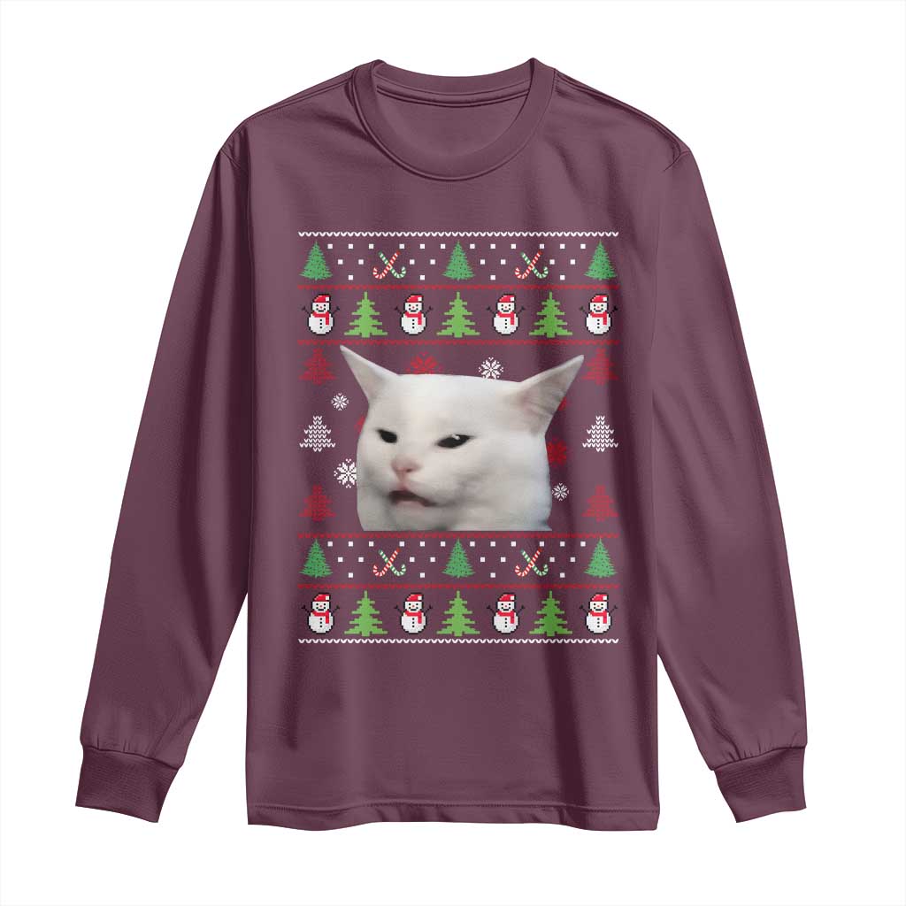 Woman Yelling At A Cat Ugly Christmas Long Sleeve Shirt Funny Cat Meme Matching Couple Christmas Pajama - Wonder Print Shop